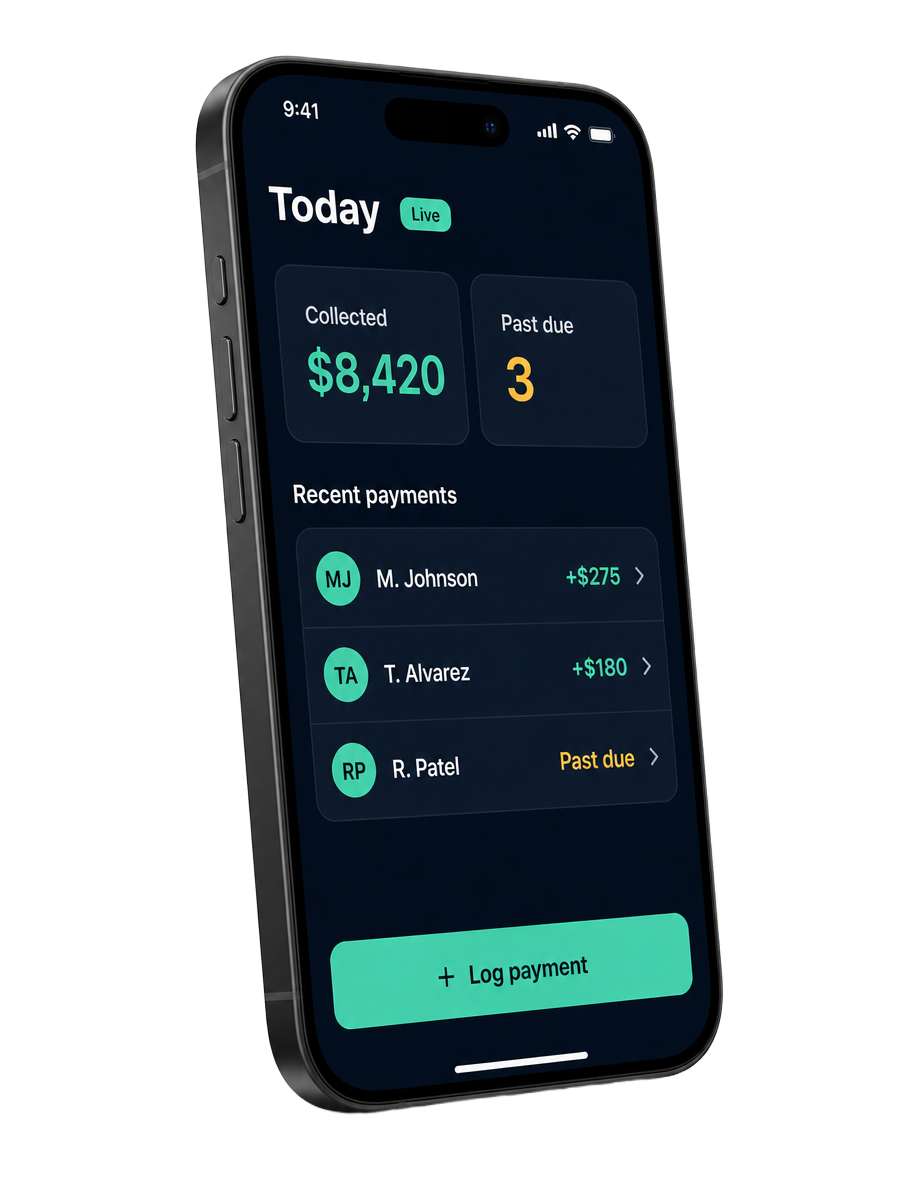 GoPayLoop dealer dashboard on an iPhone showing today's collections, past-due accounts, and recent payments